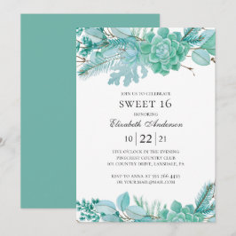 Invitation Mint Sweet 16. Aquarelle succulents 16e anniversai