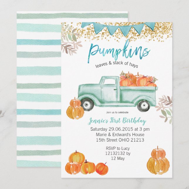 Invitation Mint Vert Anniversaire Bleu Citrouille Camion Anni (Devant / Derrière)