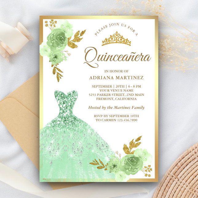 Invitation Mint Vert Floral Robe Étincelle Or Quinceanera (Créateur téléchargé)