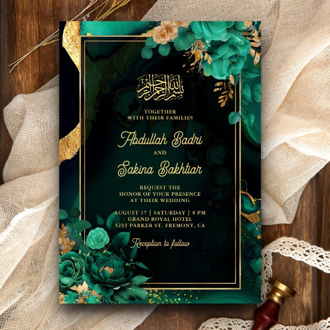 Invitation Mint Vert or Floral QR Code Musulman Mariage (Créateur téléchargé)
