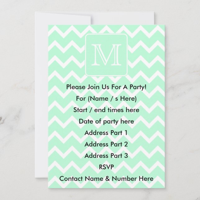 Invitation Mint Zigzag vert avec Monogramme personnalisé. (Devant)