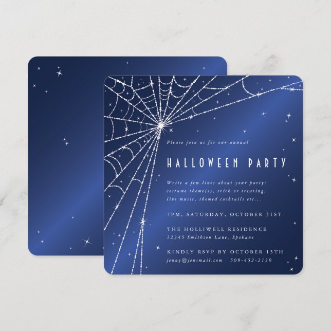 Invitation Minuit Blue Diamond Spider Web Halloween Party (Devant / Derrière)