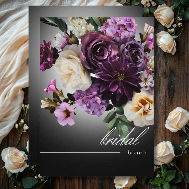 Invitation Minuit foncée violet romance florale Brunch nuptia (Dark Midnight Purple Floral Romance Bridal Brunch Invitation)