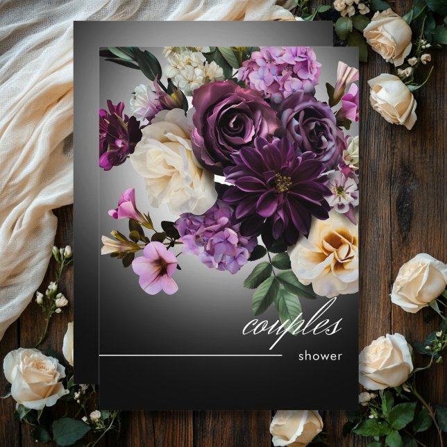 Invitation Minuit foncée violet romance florale Couples Douch (Dark Midnight Purple Floral Romance Couples Shower Invitation)