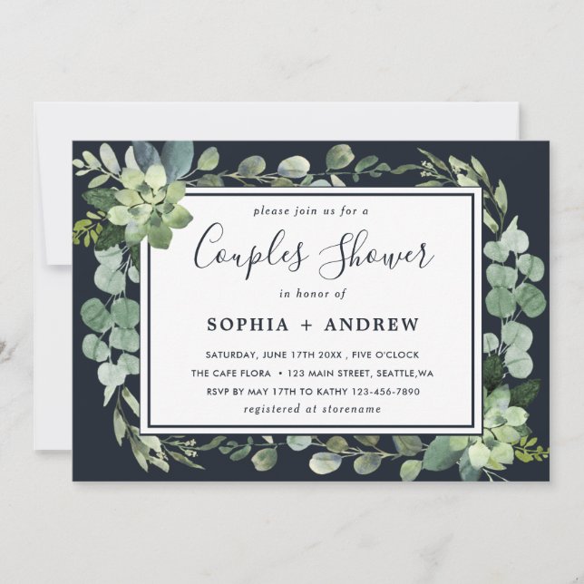 Invitation Minuit Marine Blue Succulent Couples Douche (Devant)
