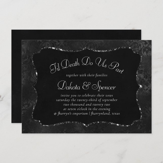 Invitation Minuit Onyx Romance | Black Satiny Grunge Damask (Devant / Derrière)