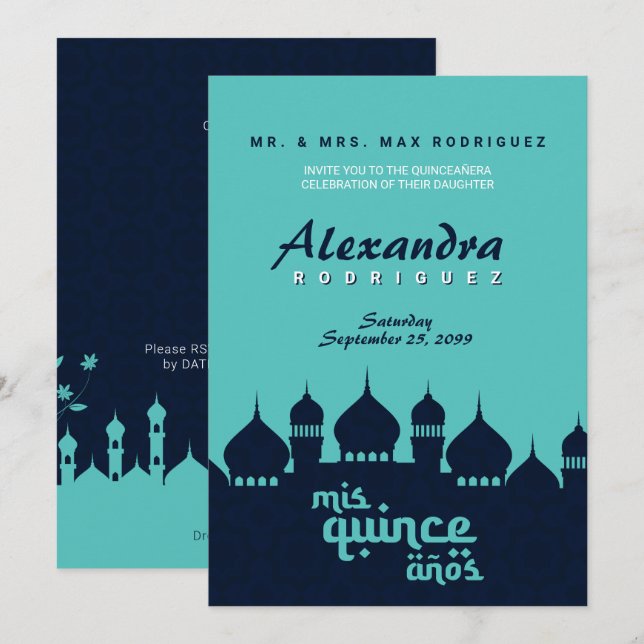 Invitation Minuit Turquoise Bleue Arabe Nights Quinceañera (Devant / Derrière)