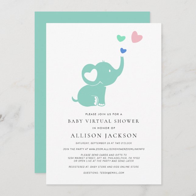 Invitation Minuscule Bébé Virtual Douche Mint Vert Eléphant (Devant / Derrière)