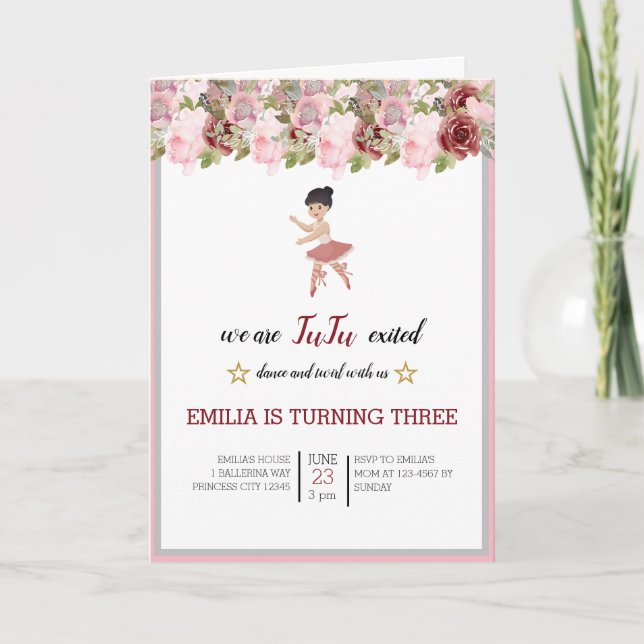 Invitation Minuscule danseur | Ballet Floral rose Fête Annive (Devant)