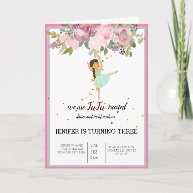 Invitation Minuscule danseur | Ballet Floral rose Fête Annive (Devant)