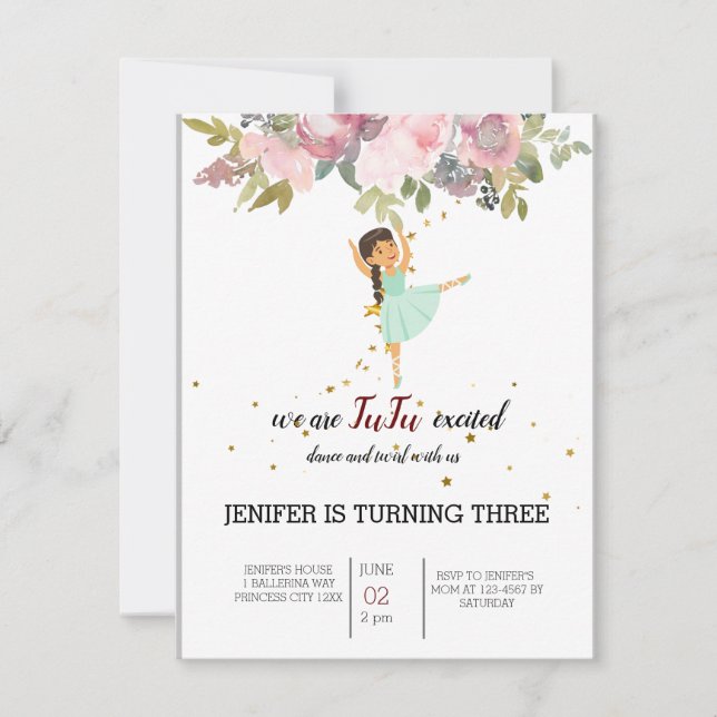 Invitation Minuscule danseur | Ballet Floral rose Fête Annive (Devant)