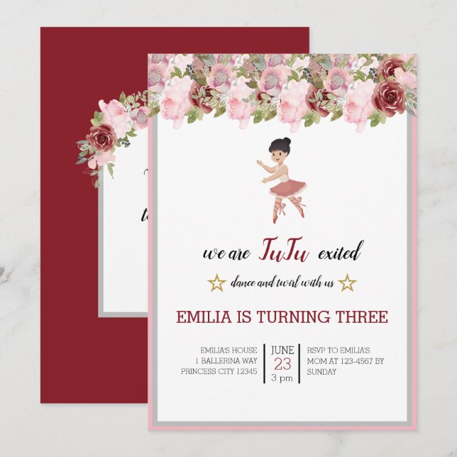 Invitation Minuscule danseur | Ballet Floral rose Fête Annive (Devant / Derrière)