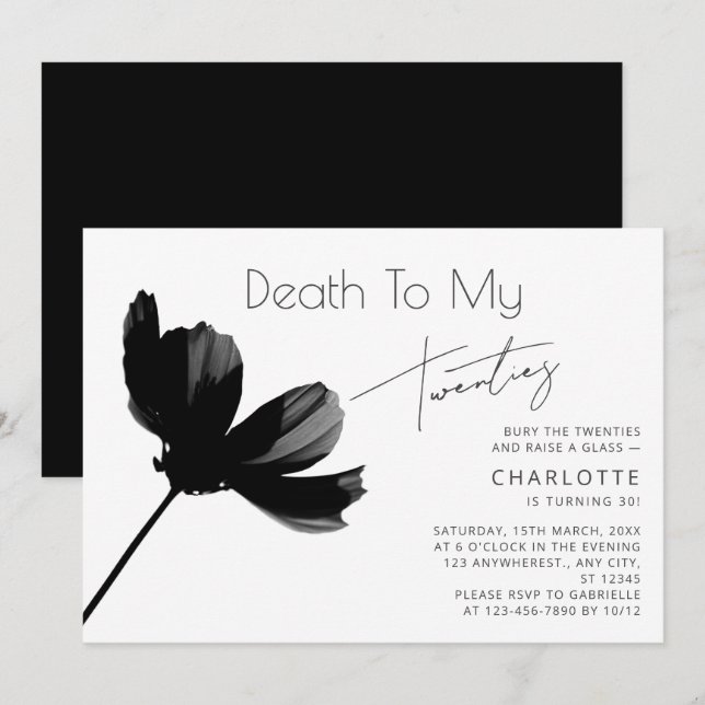 Invitation Minuscule "Mort à mes 20 ans" Noir 30e anniversair (Devant / Derrière)