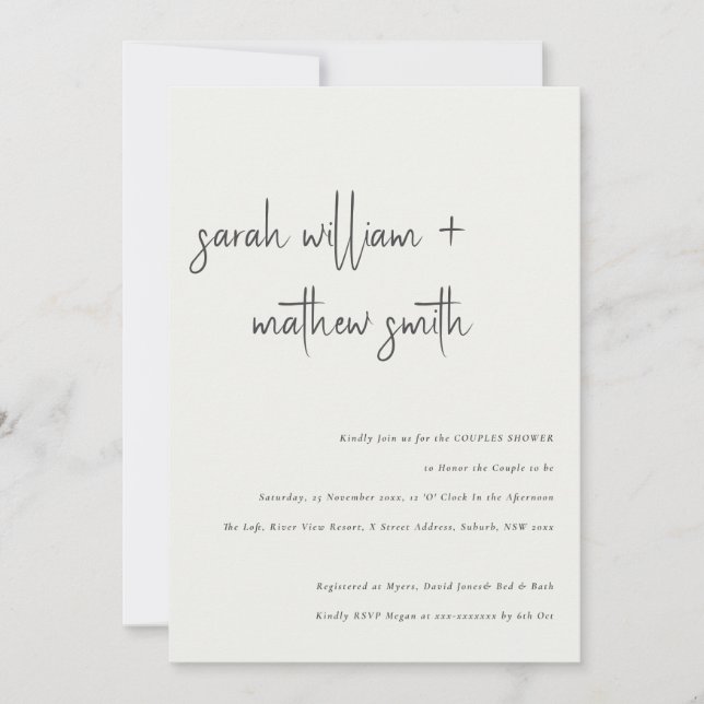 Invitation Minuscule Noir Blanc Script Couples Douche (Devant)