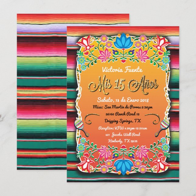 Invitation Mis mexicain 15 Anos Party Parties scintillant d'o (Devant / Derrière)