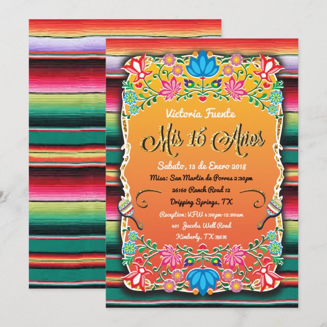 Invitation Mis mexicain 16 Anos Party Parties scintillant d'o (Devant / Derrière)