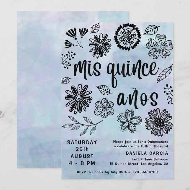Invitation Mis Quince Años Aquarelle Bleu Floral Quinceañera (Devant / Derrière)