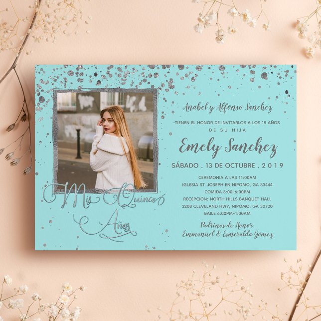 Invitation Mis Quince Anos Blue Silver Espagnol Photo tendanc (Créateur téléchargé)