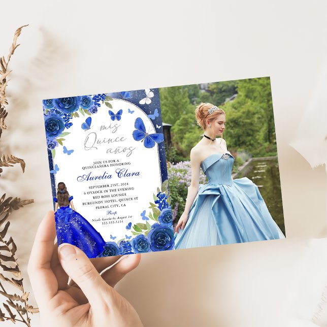 Invitation Mis Quince Anos Blue Silver Rose Quinceanera Photo (Créateur téléchargé)