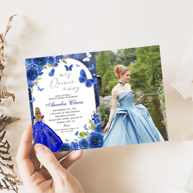 Invitation Mis Quince Anos Blue Silver Rose Quinceanera Photo (Créateur téléchargé)