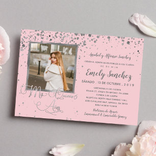 Invitation Mis Quince Anos Blush Pink Silver Confetti Photo