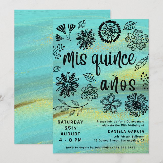 Invitation Mis Quince Años Chic Turquoise Floral Quinceañera (Devant / Derrière)
