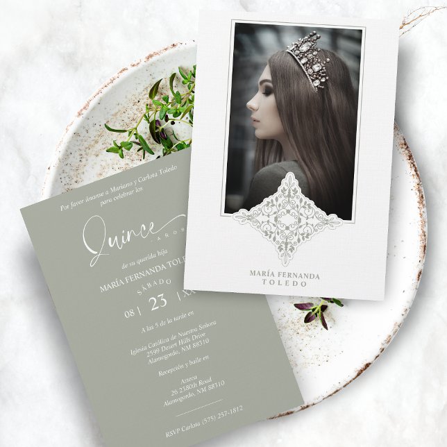 Invitation Mis Quince Años Español Foto Efecto Encaje Verdoso (Créateur téléchargé)