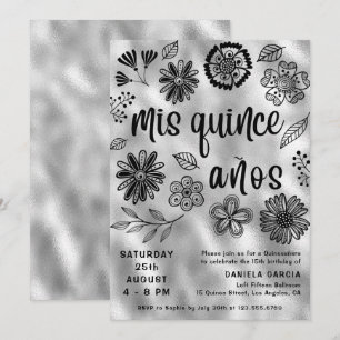 Invitation Mis Quince Años Moderne Silver Floral Quinceañera