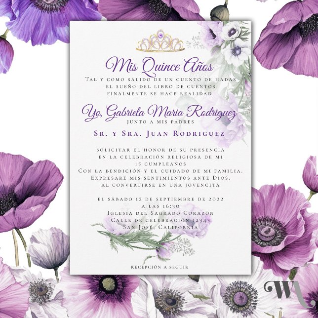 Invitation Mis Quince Años Modernos (Hermosa invitación de Quince años de Amapolas Lilas -Beautiful Lilac Poppies Quince Años invitation )