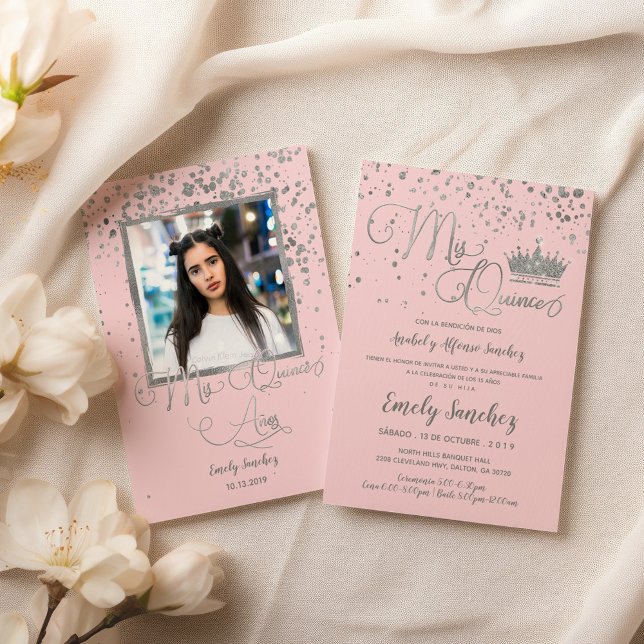 Invitation Mis Quince Anos Pink Silver Confetti Photo espagno (Créateur téléchargé)