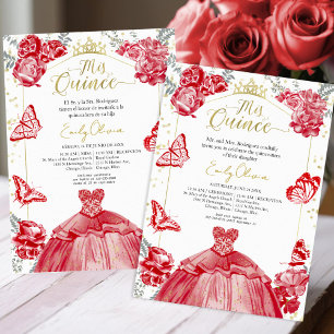 Invitation Mis Quince Bilingue Robe Rouge Floral