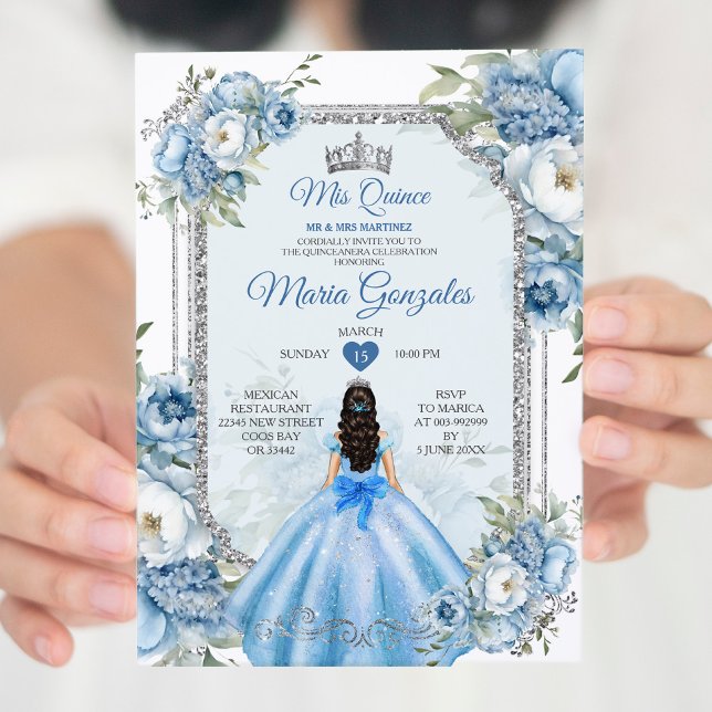 Invitation Mis Quince Bleu Floral Argent Couronne Quinceañera (Créateur téléchargé)