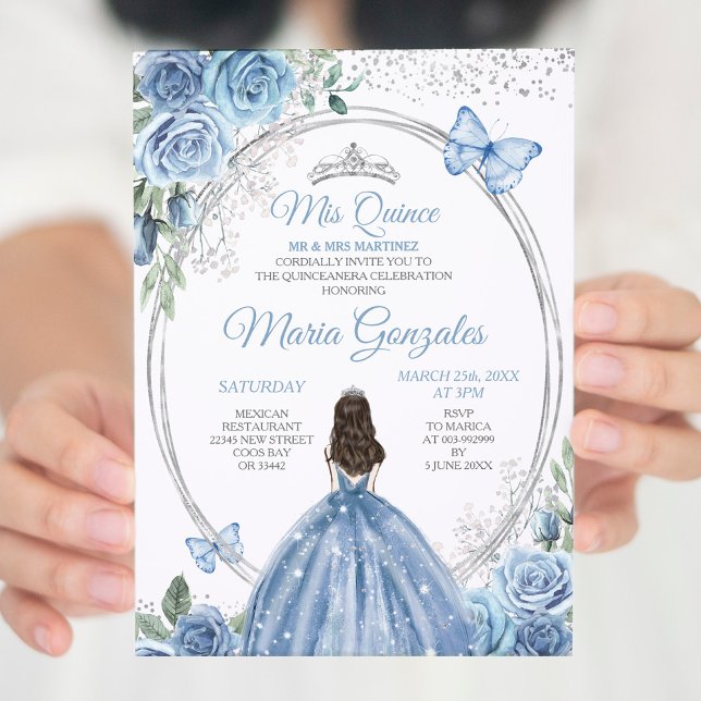Invitation Mis Quince Dusty Blue & Silver Floral Quinceañera (Créateur téléchargé)