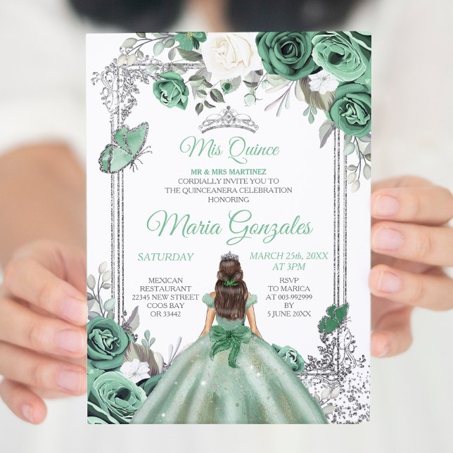 Invitation Mis Quince Dusty Green & Silver Floral Quinceanera (Créateur téléchargé)