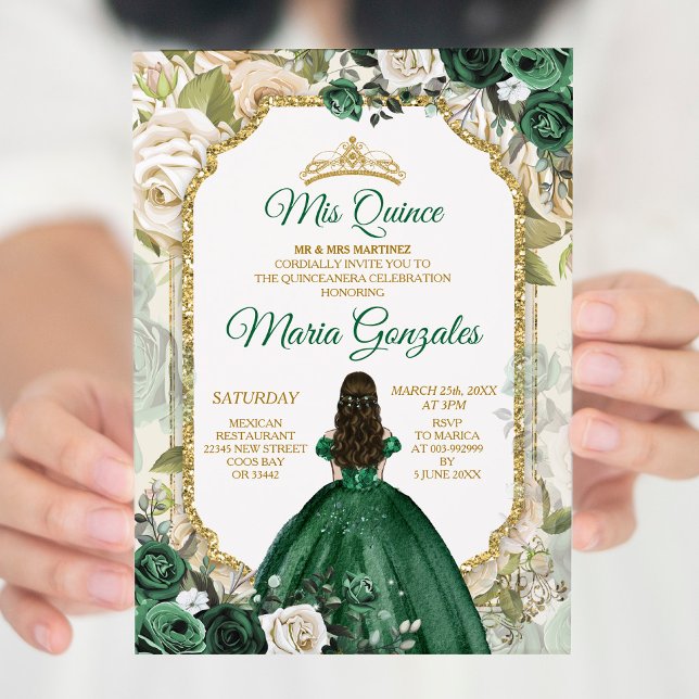 Invitation Mis Quince Emerald Green 15 Anos Gold Crown (Créateur téléchargé)