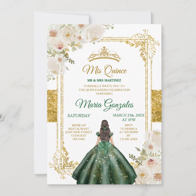 Invitation Mis Quince Emerald Vert & Blanc Floral Anniversair (Devant)
