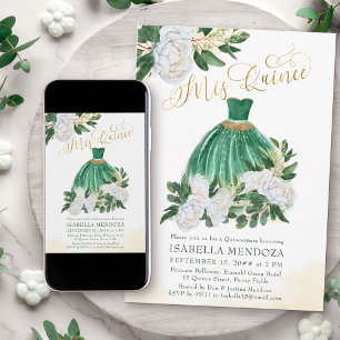 Invitation Mis Quince Émeraude Vert Blanc Pivoine Quinceanera