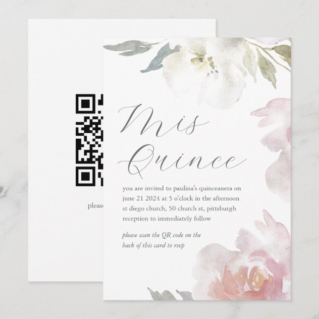 Invitation Mis Quince Floral Anniversaire Quinceañera QR Code (Devant / Derrière)
