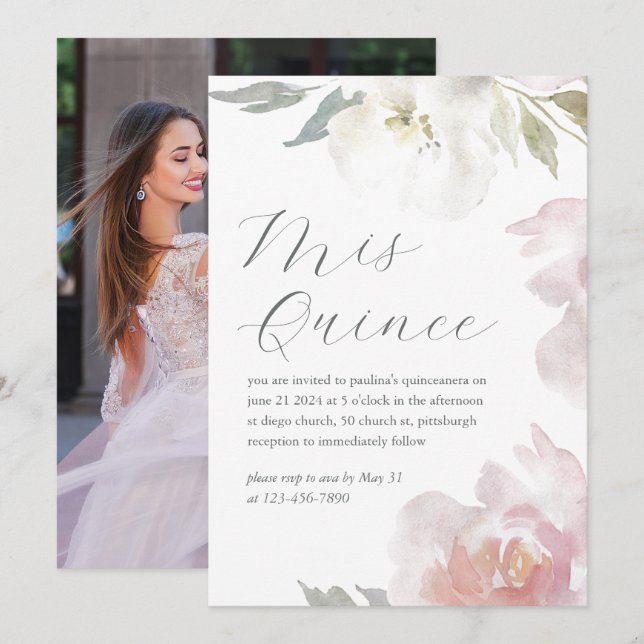 Invitation Mis Quince rose Floral Anniversaire Quinceañera Ph (Devant / Derrière)
