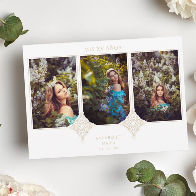 Invitation Mis XV Años Español 3 Fotos Efecto Encaje Dorado (Créateur téléchargé)