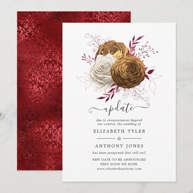 Invitation Mise à jour du Mariage Floral Blanc, Bourgogne et  (Devant / Derrière)