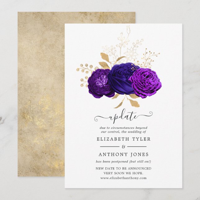 Invitation Mise à jour du Mariage Floral Purple, Royal Blue e (Devant / Derrière)