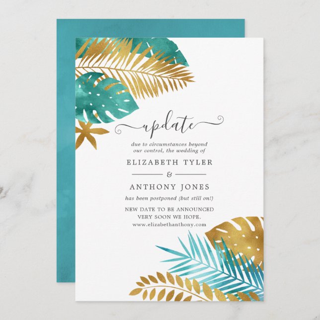 Invitation Mise à jour du Mariage Tropical turquoise et Gold (Devant / Derrière)