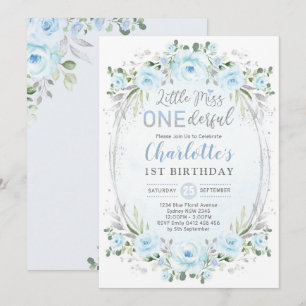 Invitation Miss ONEderful Baby Blue Gold Floral 1er anniversa
