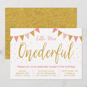 Invitation Miss Onederful Blush Pink & Parties scintillant 1e