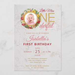 Invitation Miss Onederful Photo en Rose Wreath Premier annive
