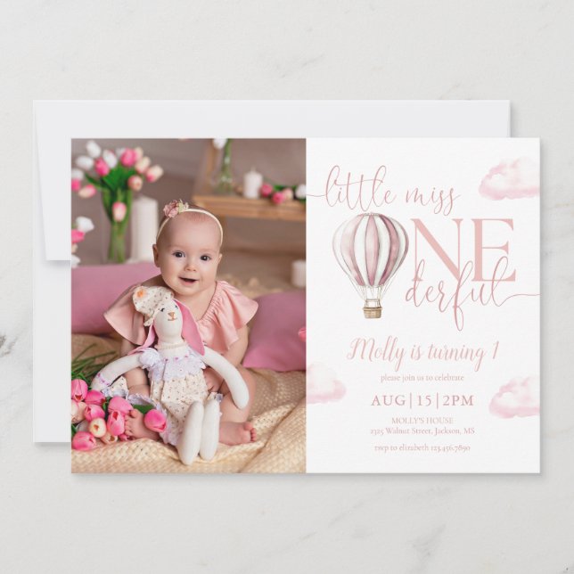 Invitation Miss Onederful Pink Air Balloon Photo 1er annivers (Devant)