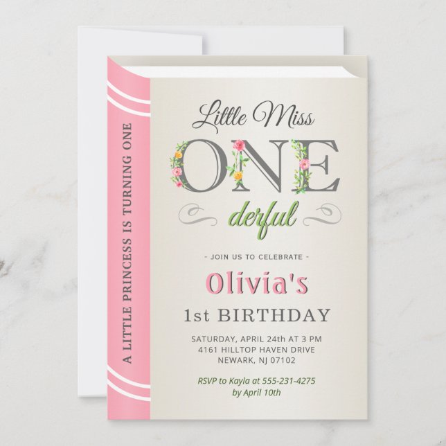 Invitation Miss Onederful Rose Girl 1er premier anniversaire (Devant)