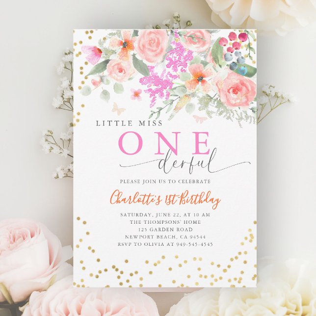 Invitation Miss Onederful Vibrant Girl 1er anniversaire (little miss onederful girls 1st birthday invite happy garden wildflowers watercolor calligraphy cute)