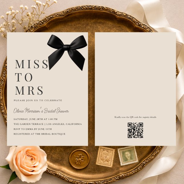 Invitation Miss to Mrs Black Bow QR Code Bridal Shower (Créateur téléchargé)